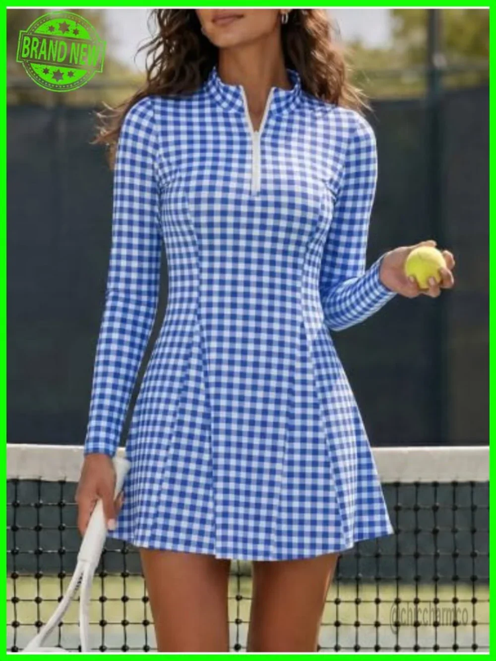 2 Piece Long Sleeve Collared Zipper Tennis Golf Mini Dress with Shorts